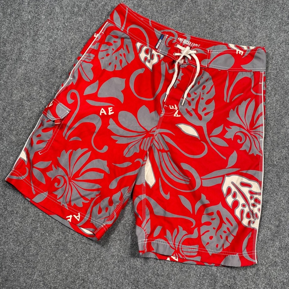 American Eagle‎ Swim Trunks White Red Floral Board Shorts Mens 34
